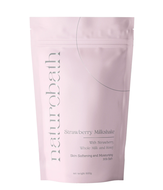 Strawberry Milkshake milk bath soak with creamy coconut milk, goat milk and sweet strawberry scent for soft, nourished skin
