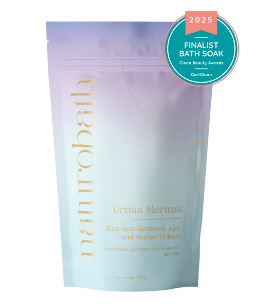 Urban Mermaid Bath Soak featuring marine collagen, algae extract, and red seaweed for glowing, hydrated skin