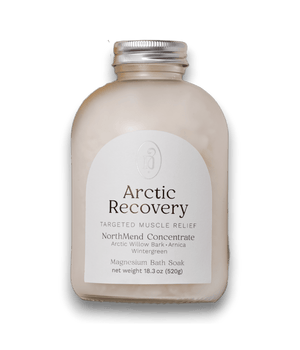 Arctic Recovery NorthMend soak with White Willow Bark and Arnica for acute muscle injury and anti-inflammatory relief.