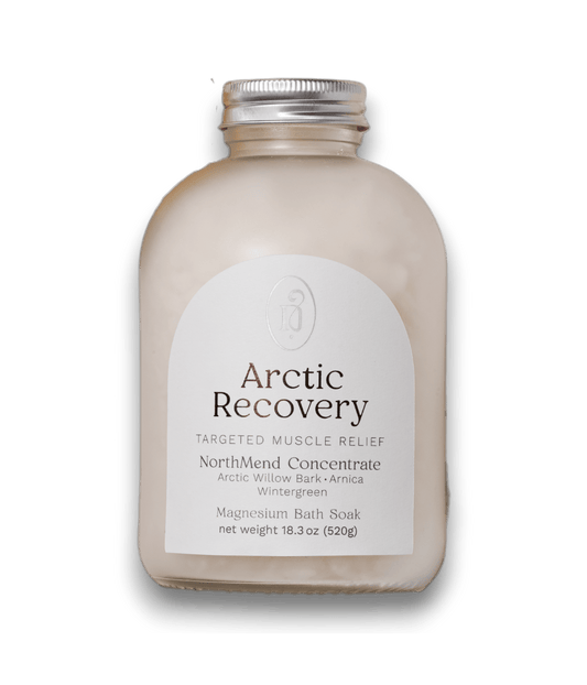 Arctic Recovery NorthMend soak with White Willow Bark and Arnica for acute muscle injury and anti-inflammatory relief.