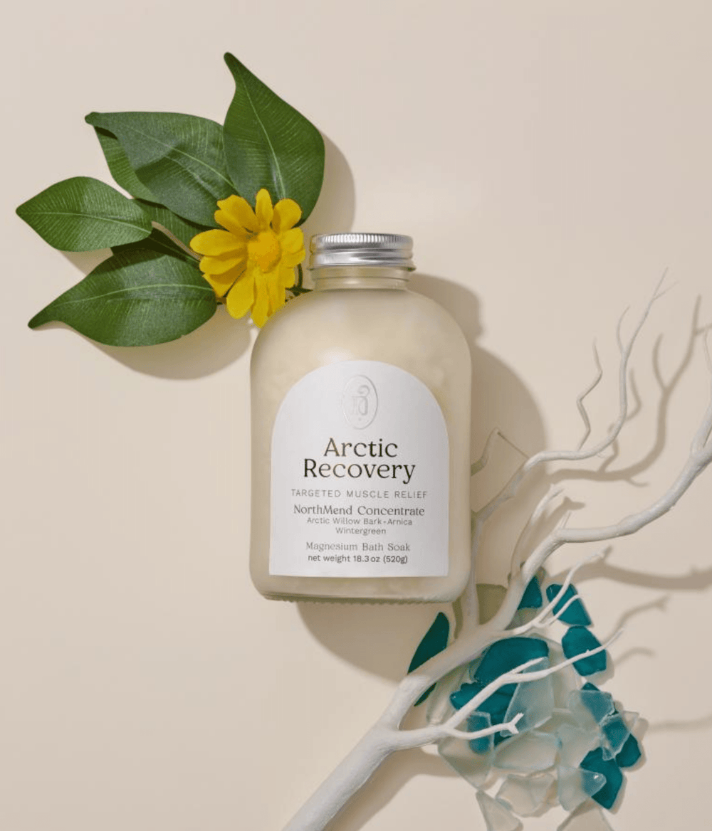 Arctic Recovery NorthMend soak with White Willow Bark and Arnica for acute muscle injury and anti-inflammatory relief.