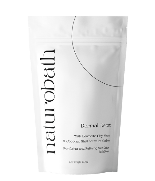 Dermal Detox charcoal bath soak with Neem and Bentonite Clay to adsorb urban pollutants and clear acne bacteria.