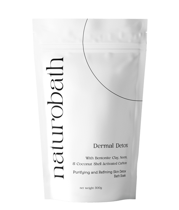 Dermal Detox charcoal bath soak with Neem and Bentonite Clay to adsorb urban pollutants and clear acne bacteria.