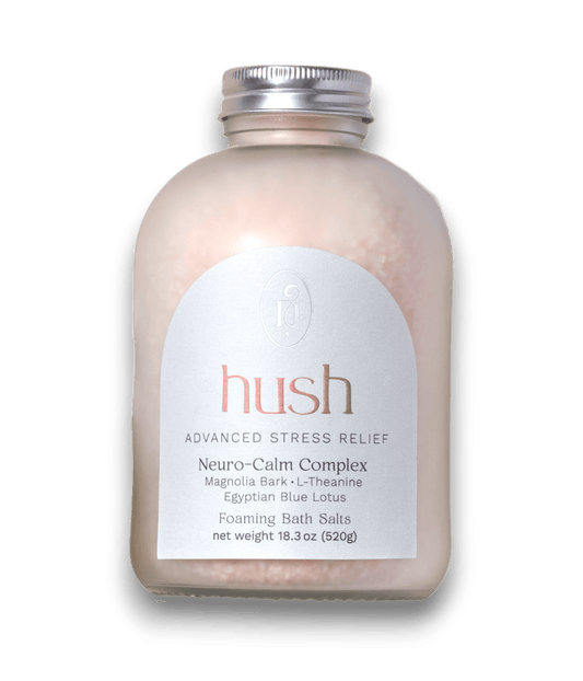 Hush Neuro Calm magnesium soak with Magnolia and L-Theanine to lower cortisol and promote alpha-wave relaxation.