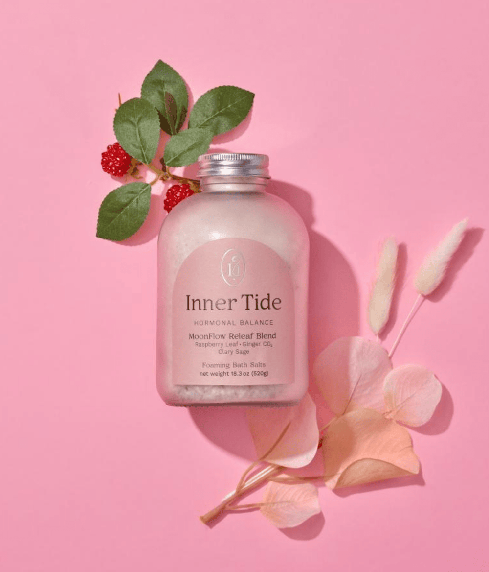 Inner Tide Moonflow Releaf blend with Raspberry Leaf and Clary Sage for hormonal balance and menstrual cramp relief.