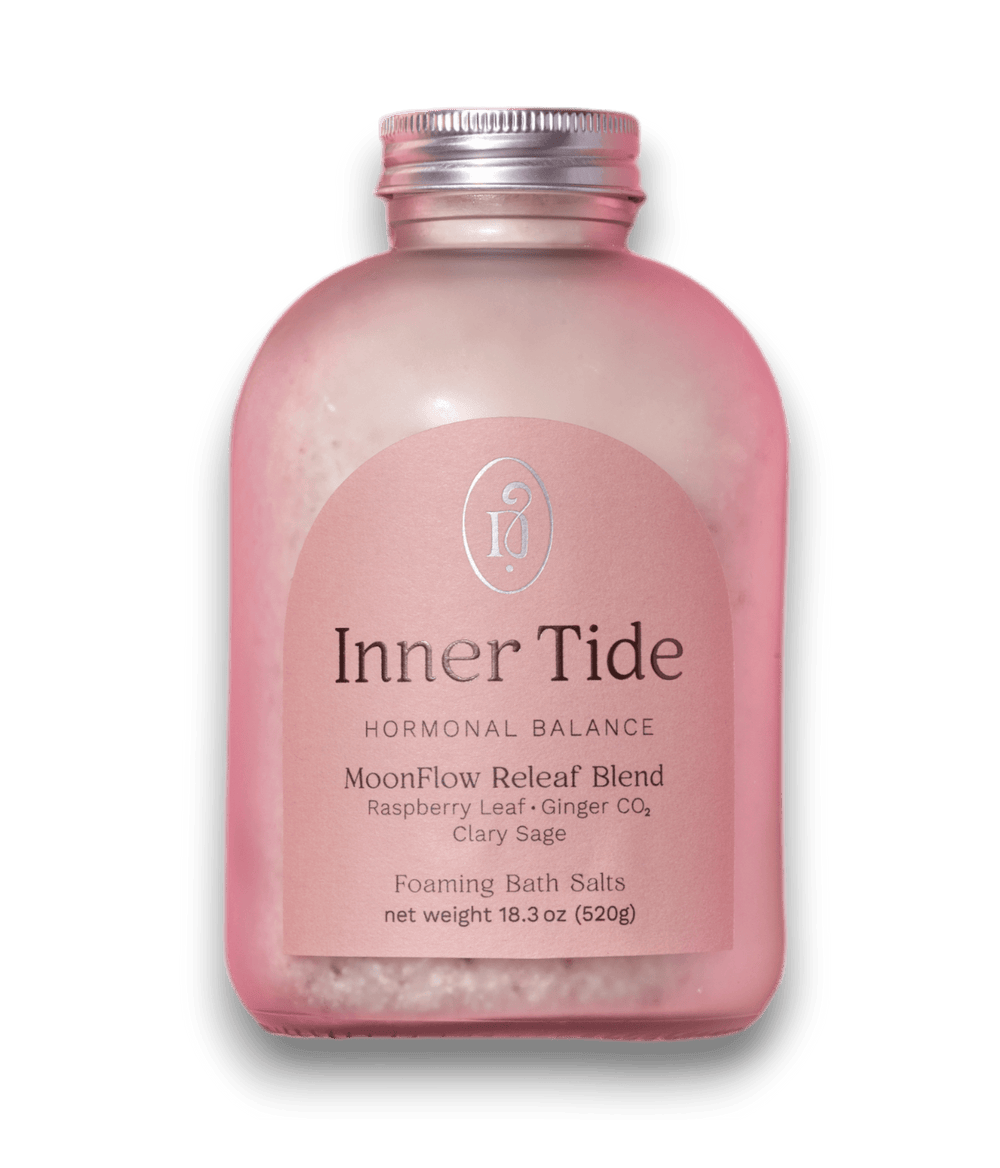 Inner Tide Moonflow Releaf blend with Raspberry Leaf and Clary Sage for hormonal balance and menstrual cramp relief.