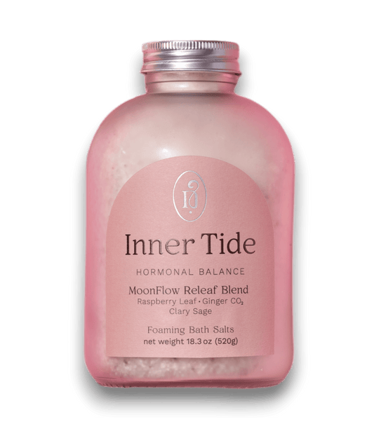 Inner Tide Moonflow Releaf blend with Raspberry Leaf and Clary Sage for hormonal balance and menstrual cramp relief.