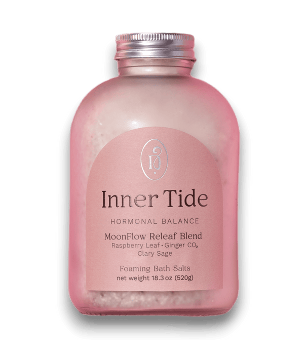 Inner Tide Moonflow Releaf blend with Raspberry Leaf and Clary Sage for hormonal balance and menstrual cramp relief.
