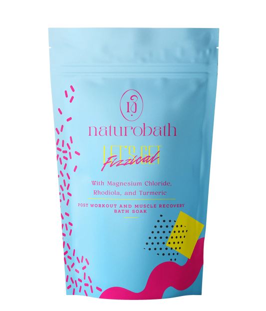 Let’s Get Fizzical magnesium chloride soak with Rhodiola and Turmeric for deep tissue recovery, stress regulation, and post-workout fatigue.