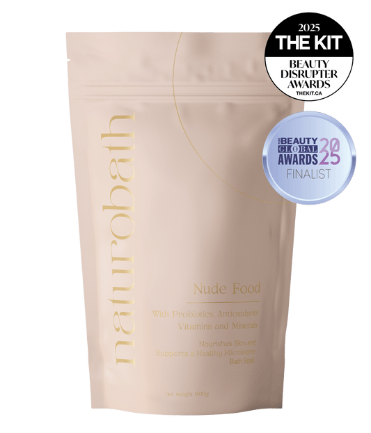 Nude Food synbiotic probiotic soak with Inulin, Lactobacillus, and Oatmeal to fortify the skin barrier and soothe sensitive, eczema-prone skin.