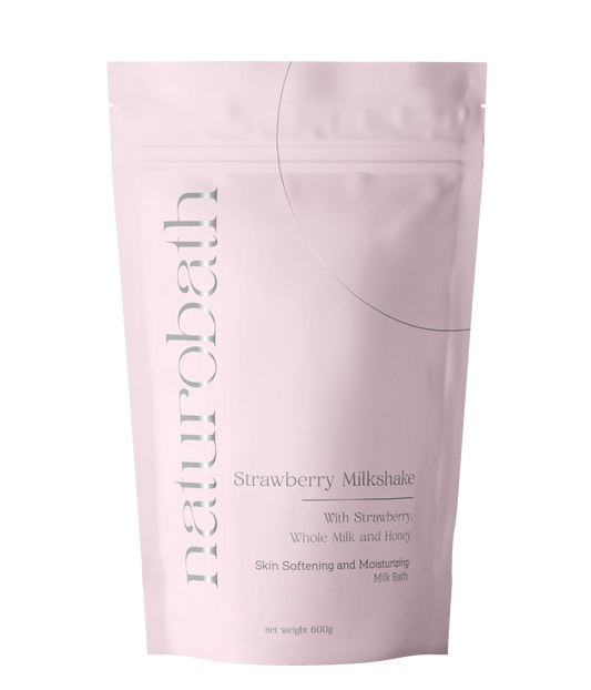 Strawberry Milkshake exfoliating milk bath with Sheep Milk and Lactic Acid for gentle skin resurfacing, hydration, and softening