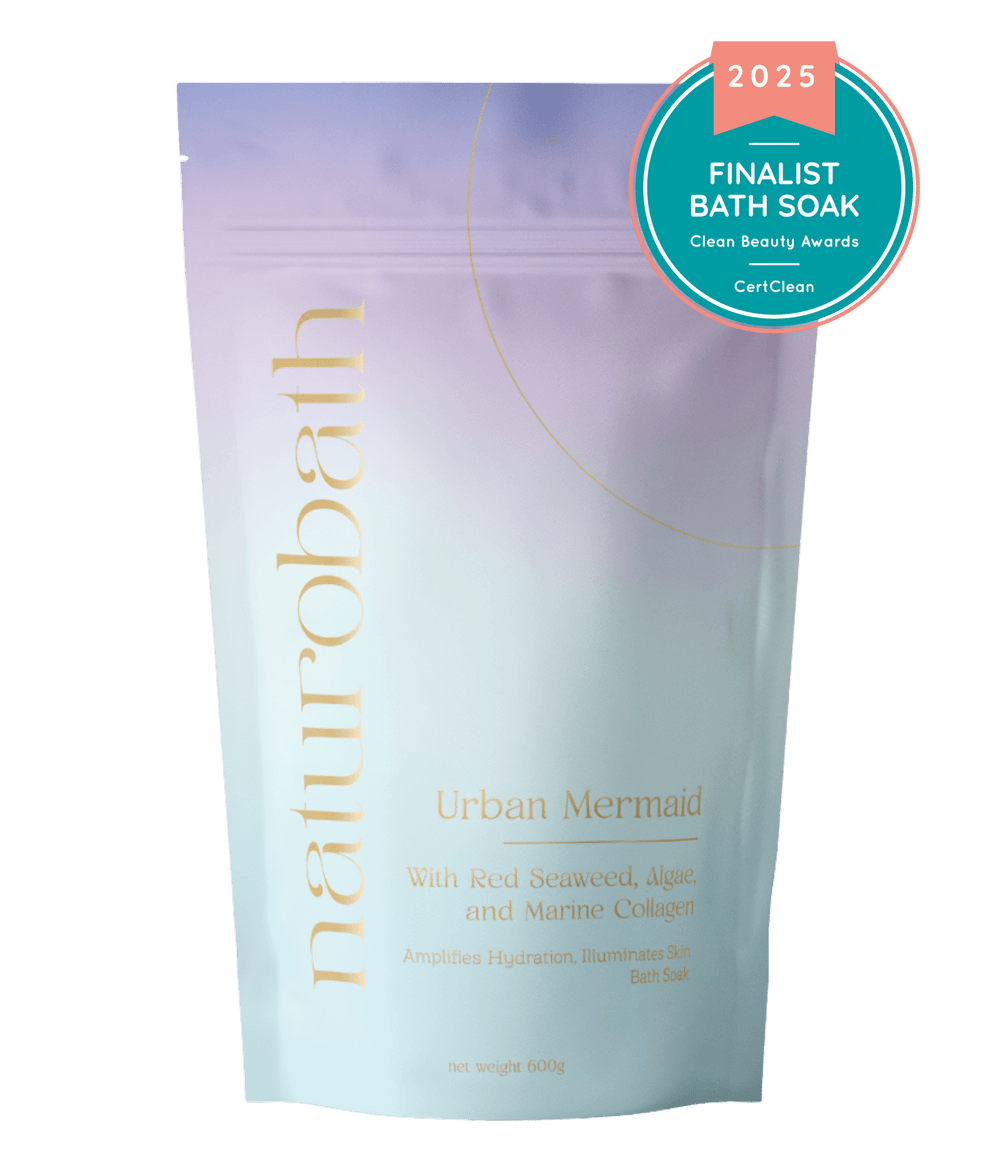 Urban Mermaid marine collagen soak with Red Seaweed and Algae (Vit C/B) to support skin elasticity, brightening, and anti-aging glow.