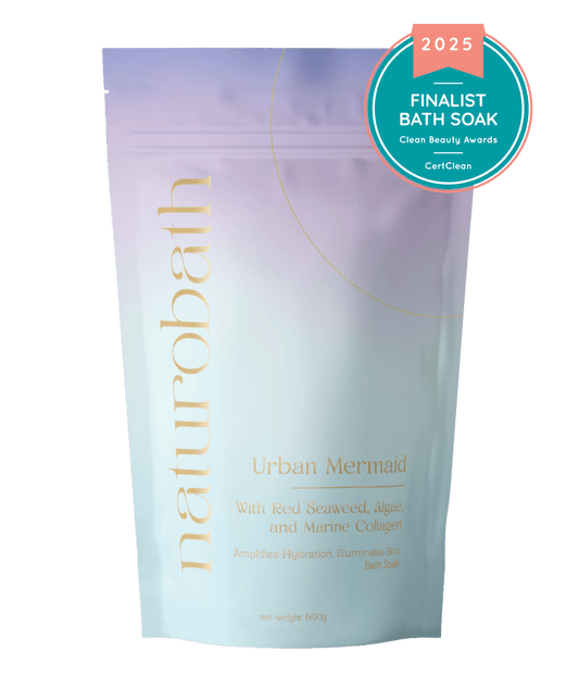 Urban Mermaid marine collagen soak with Red Seaweed and Algae (Vit C/B) to support skin elasticity, brightening, and anti-aging glow.