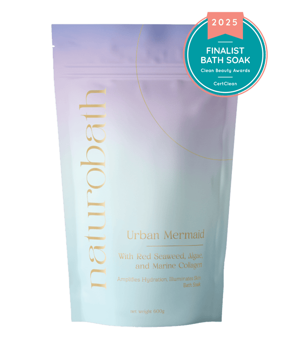 Urban Mermaid marine collagen soak with Red Seaweed and Algae (Vit C/B) to support skin elasticity, brightening, and anti-aging glow.