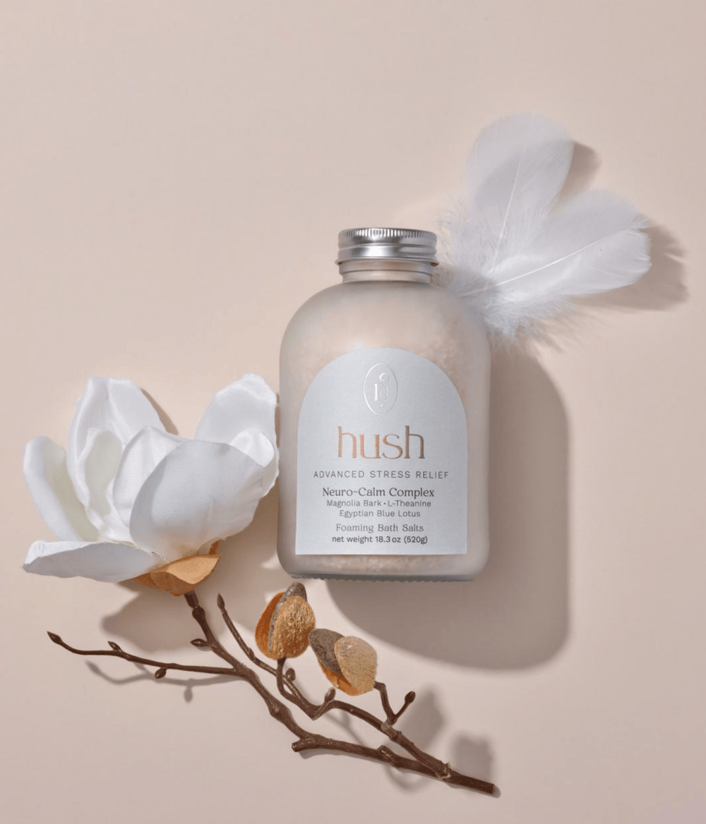 Hush Neuro Calm magnesium soak with Magnolia and L-Theanine to lower cortisol and promote alpha-wave relaxation.